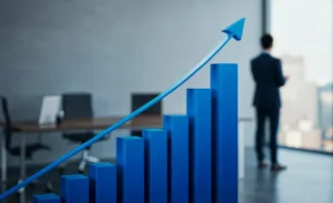 Gráfica de barras azules con una flecha ascendente que representa cómo hacer crecer tu empresa de forma consistente.
