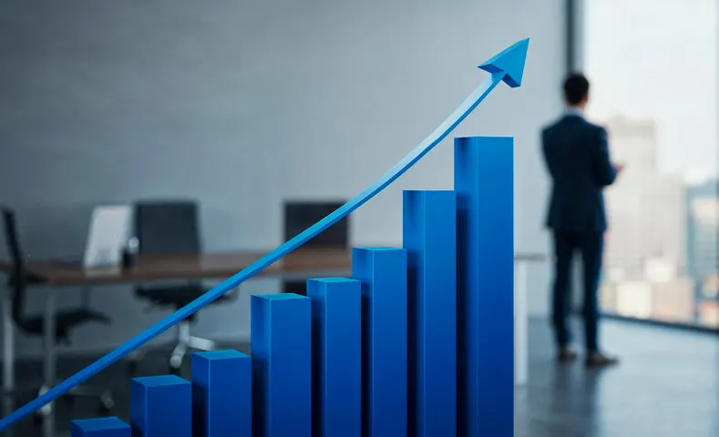 Gráfica de barras azules con una flecha ascendente que representa cómo hacer crecer tu empresa de forma consistente.